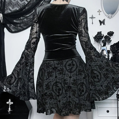 Dark Elegant Vintage Gothic Velvet Dresses Grunge Punk Style Flocked Bandage Flare Sleeve Party Dress