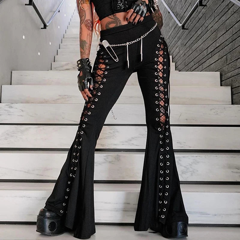 Goth Dark Grunge Streetwear Black Bandage Pants Hollow Flare Pants Main image
