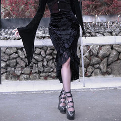 Goth Dark Vintage Mall Gothic Ruffles Mermaid Grunge Aesthetic Lace Hem Midi Women Elegant Skirt