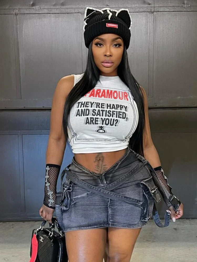 Goth Punk Patchwork Grunge Letter Print White Crop Top Main image