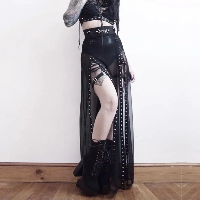 Goth Mesh Perspective Side Slit Lace Up Dark Aesthetical Summer Skirt