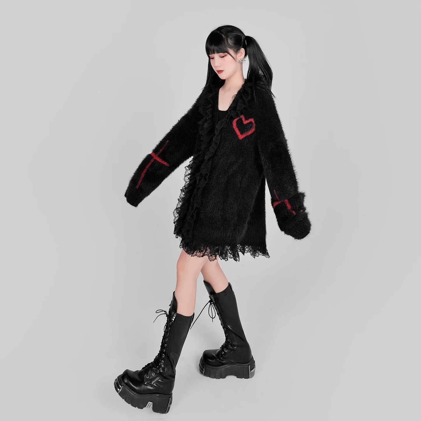 Gothic Black Red V-neck Loose Punk Oversized Cardigan