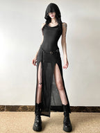 Elegant Gothic  Slash Neck Long Sleeve Off Shoulder Summer French Chic Split Slim Stretch Ruffles Dress