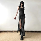 Elegant Gothic  Slash Neck Long Sleeve Off Shoulder Summer French Chic Split Slim Stretch Ruffles Dress