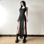 Elegant Gothic  Slash Neck Long Sleeve Off Shoulder Summer French Chic Split Slim Stretch Ruffles Dress