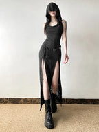 Elegant Gothic  Slash Neck Long Sleeve Off Shoulder Summer French Chic Split Slim Stretch Ruffles Dress