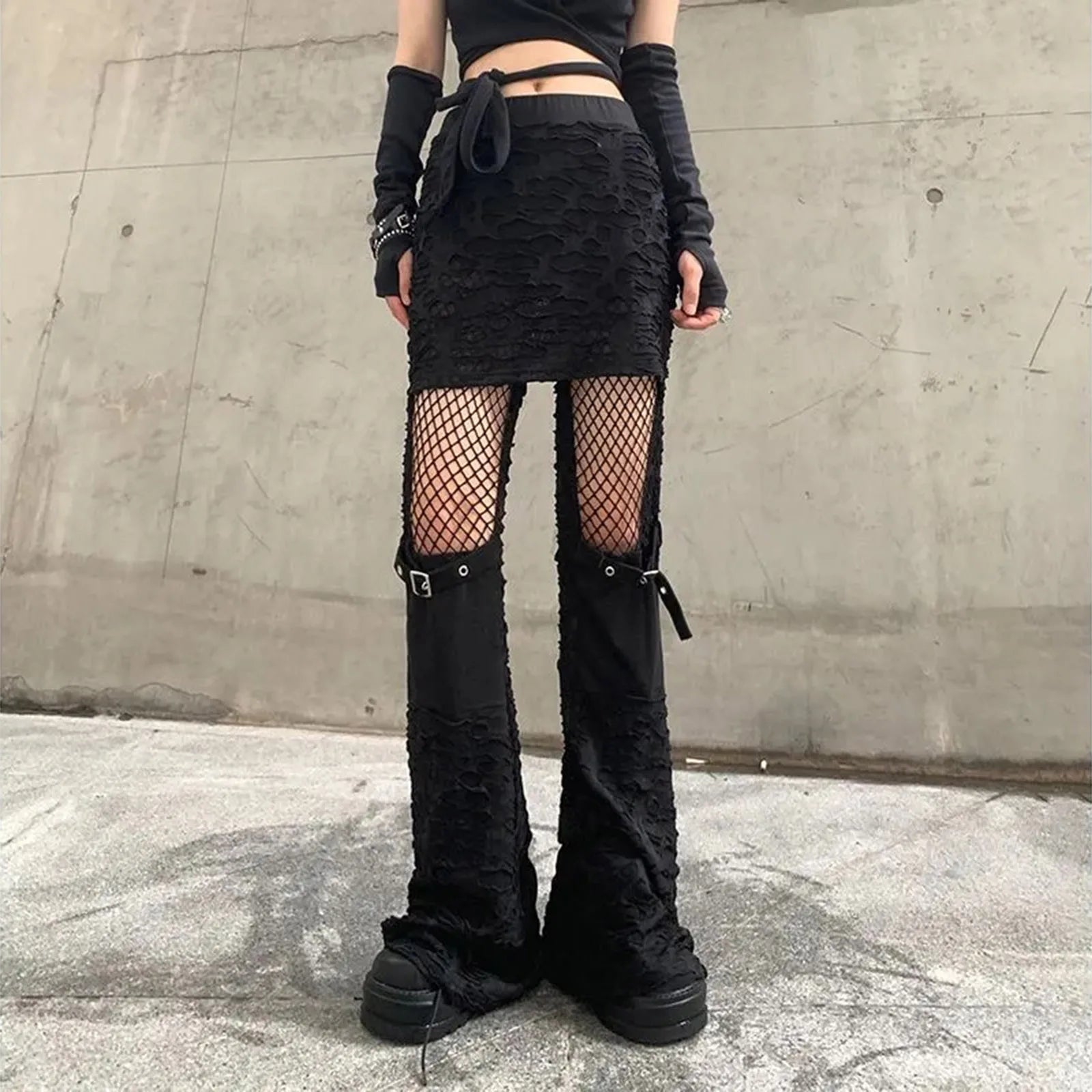 Gothic Flare Fishnet Patchwork Bandage Wide Leg Summer Punk Baggy Pants Main image