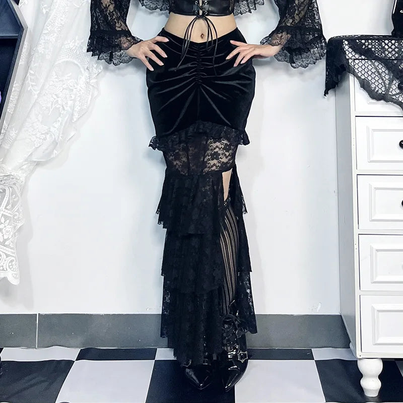 Gothic Folding Fishtail Multi-layer Splicing Split Woman Velvet High Waist Lace Patchwork Mermaid Skirt Main image
