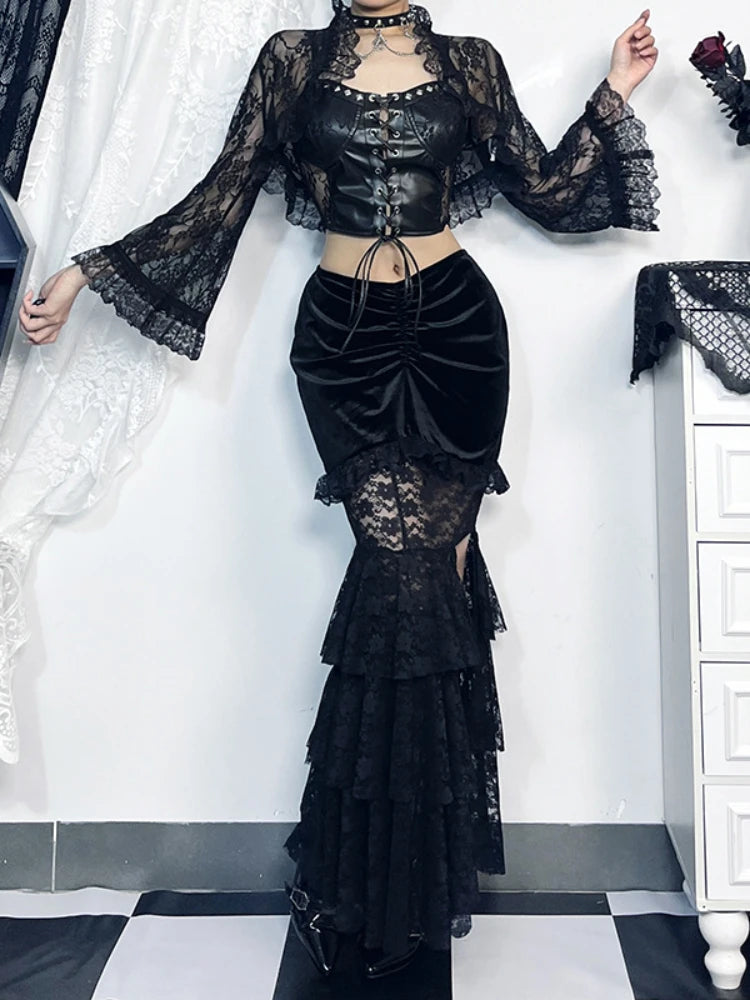 Gothic Folding Fishtail Multi-layer Splicing Split Woman Velvet High Waist Lace Patchwork Mermaid Skirt Secondary image