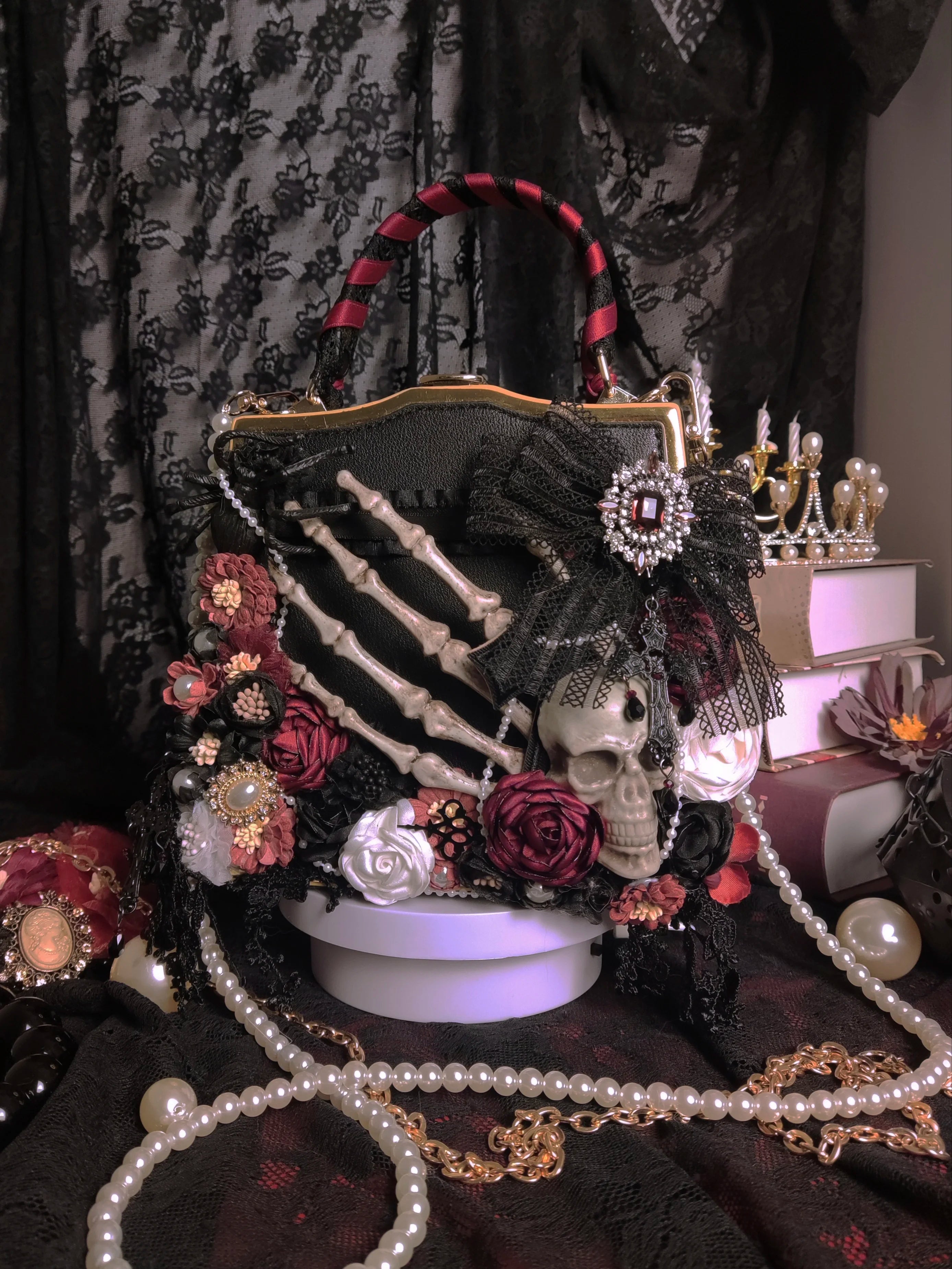 Vintage Punk Black Flower Shoulder Butterfly Skeleton Gothic Crossbody Bag Main image
