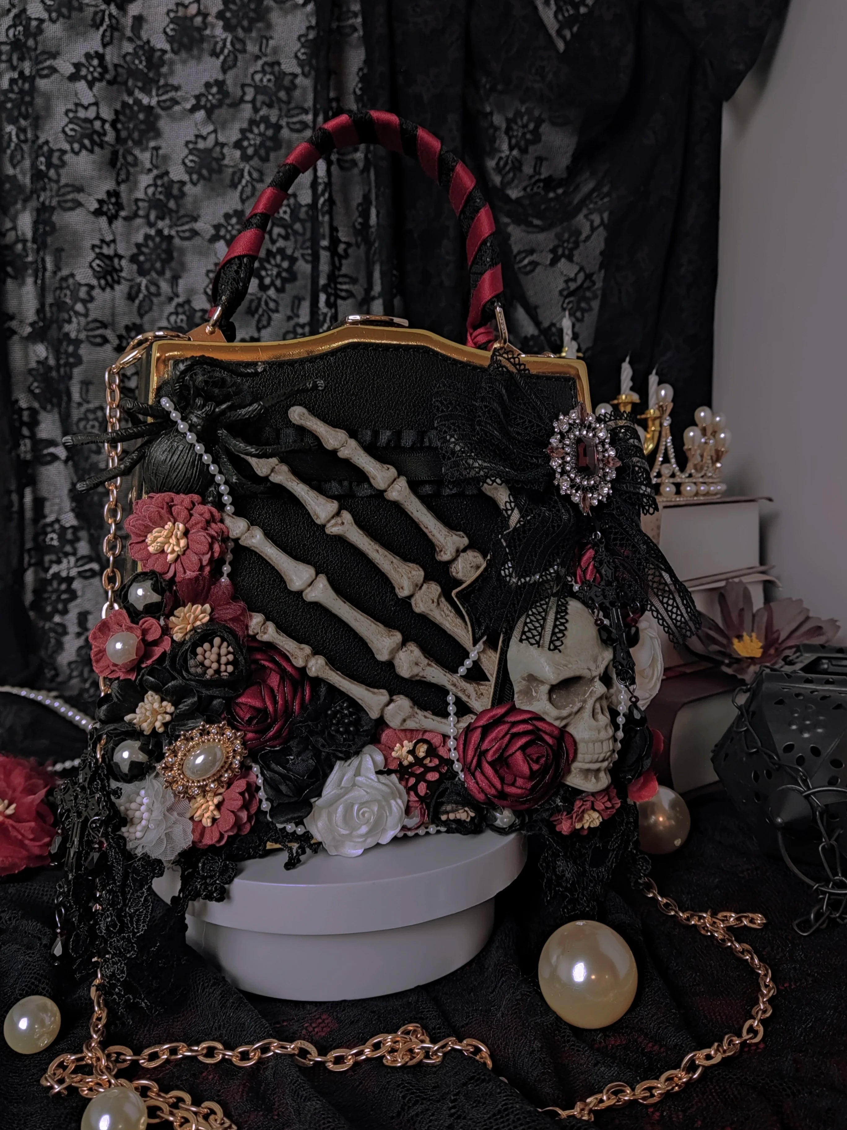 Vintage Punk Black Flower Shoulder Butterfly Skeleton Gothic Crossbody Bag Secondary image