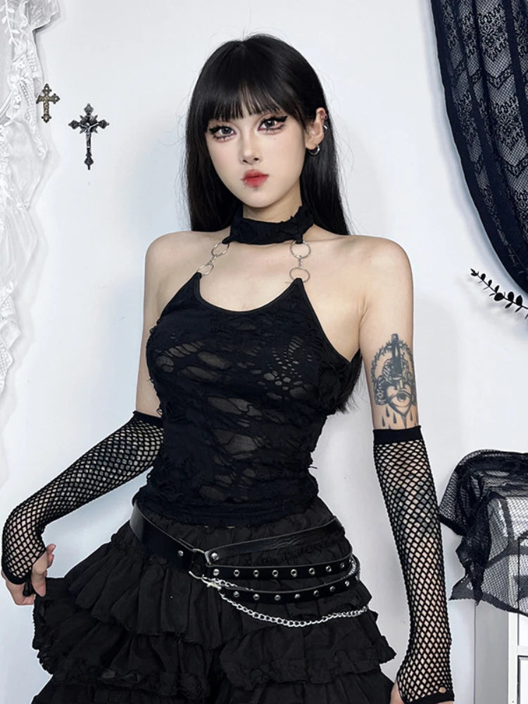 Gothic Halter Cyberpunk Y2K Backless Ring Bodycon Harajuku Basic  Crop Top Main image