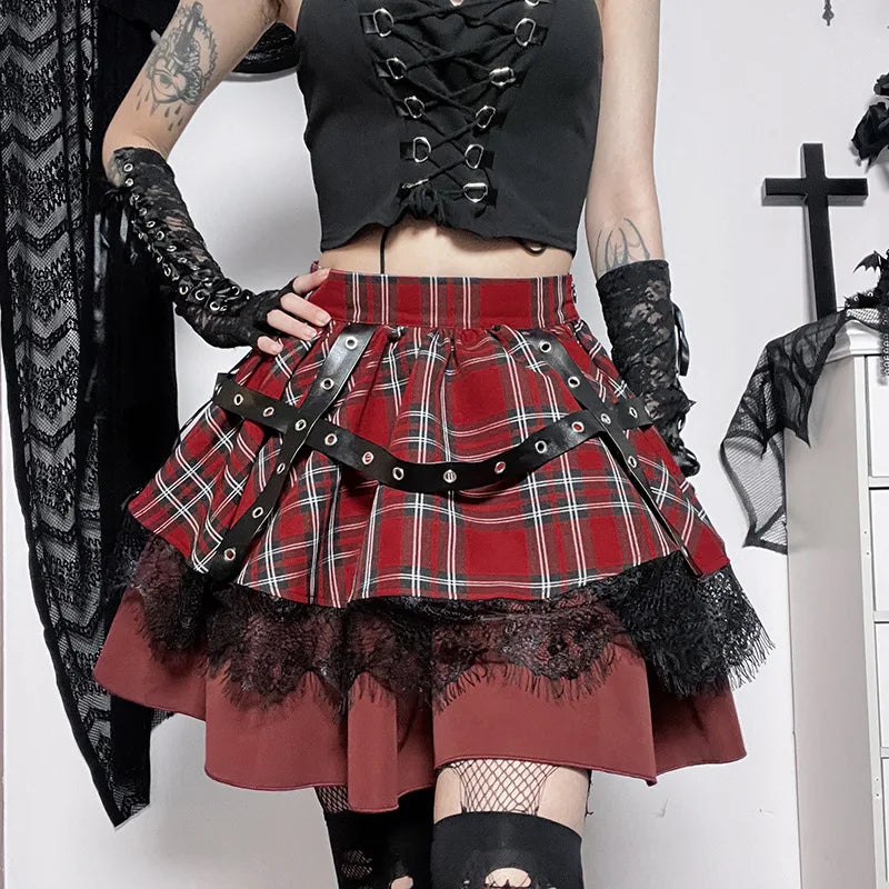 Gothic Harajuku Girls Plaid Pleated Sweet Lace Kawaii Y2k Costume Skirt Main image