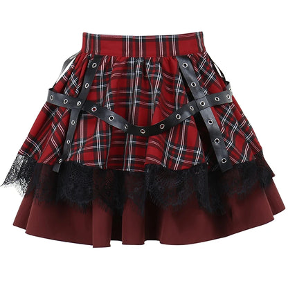 Gothic Harajuku Girls Plaid Pleated Sweet Lace Kawaii Y2k Costume Skirt