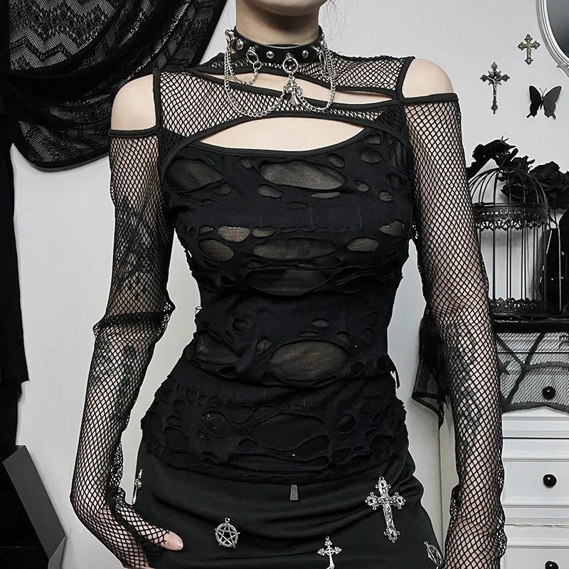 Gothic Mesh Hole Slim Fit Fishnet Sheer Mock Neck Cut Out Rave See Through Crop Top Main image