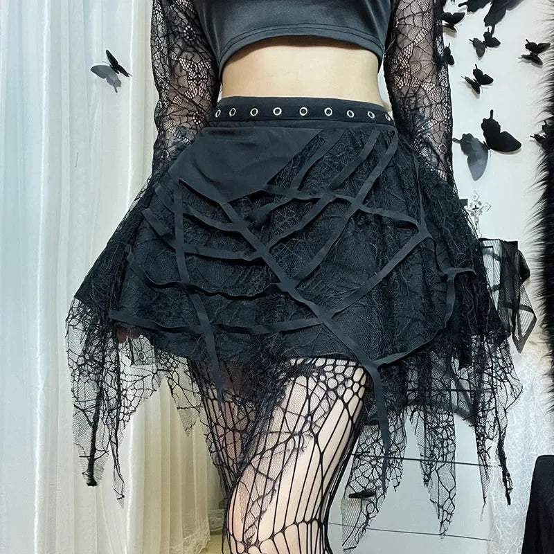 Gothic Mini Y2K Harajuku Spider Web Patchwork Lace Tassel Dark Academy Street Woman With Belt Fairy Grunge Skirt