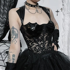 Gothic PU Leather Steampunk Grunge Vintage Lace Mesh Sexy Sleeveless Crop Top