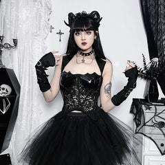 Gothic PU Leather Steampunk Grunge Vintage Lace Mesh Sexy Sleeveless Crop Top