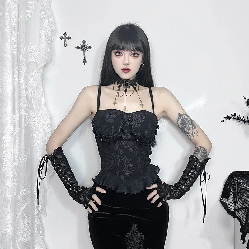 Gothic Retro  Grunge Jacquard Bead Pendant Backless Crop Top Main image