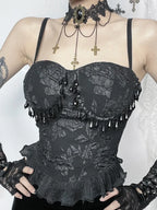 Gothic Retro  Grunge Jacquard Bead Pendant Backless Crop Top