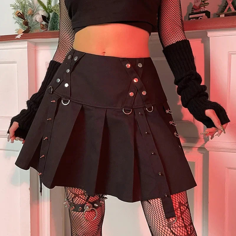 Gothic Diablo Harajuku Personality Spice Rivet Metal Buckle Streamer Low Waist A Version Short Pleated Skirt Main image