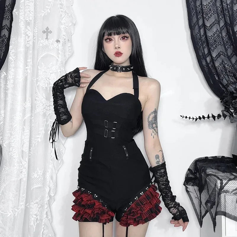 Gothic Summer 2024 New Arrival Landmine Series Plaid Patchwork Shorts Spicy Girl Halter Waist-Cinch Y2K Vest Skirt Main image