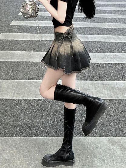 DressBetty - Gothic Pleated Slim Vintage Denim Skirt