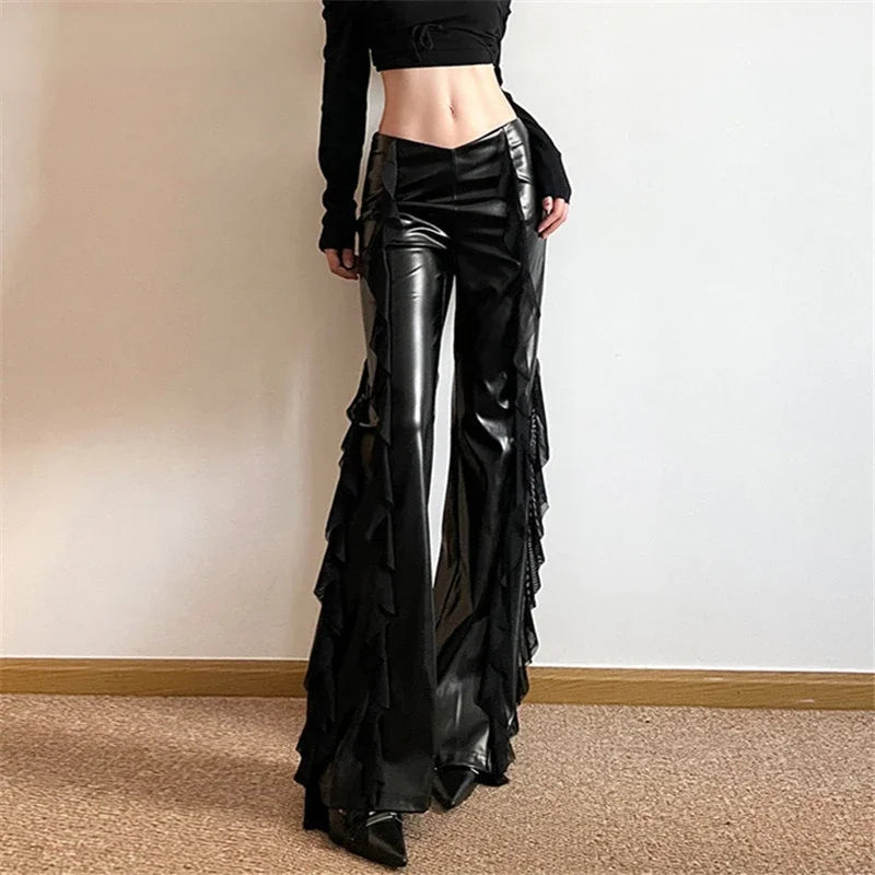 Gothic Zip Women Casual Flare Pants Faux PU Mesh Pants Secondary image