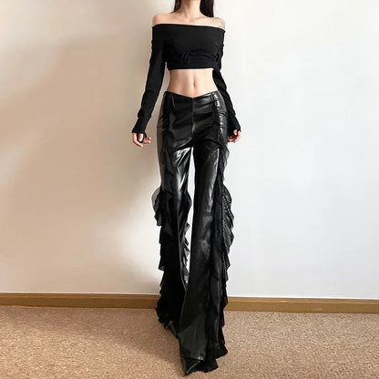 Gothic Zip Women Casual Flare Pants Faux PU Mesh Pants