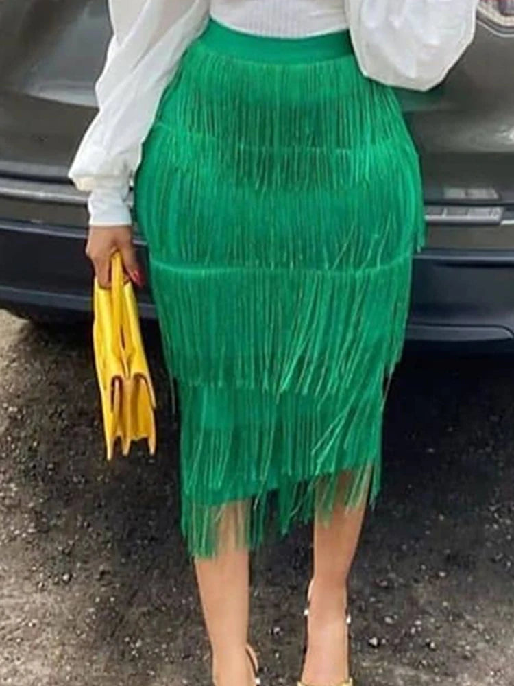 DressBetty - Green Fringe Bodycon High Waist Midi Skirt