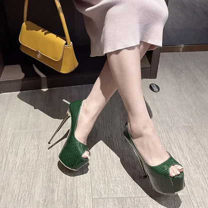 Stylish Green Snake Leather 16CM Thin High Heel Sexy Peep Toe High Heel