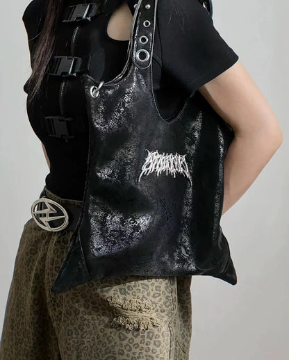 Grunge Black Gothic Dark PU Leather Large Capacity Vintage Rivet Messenger Bag