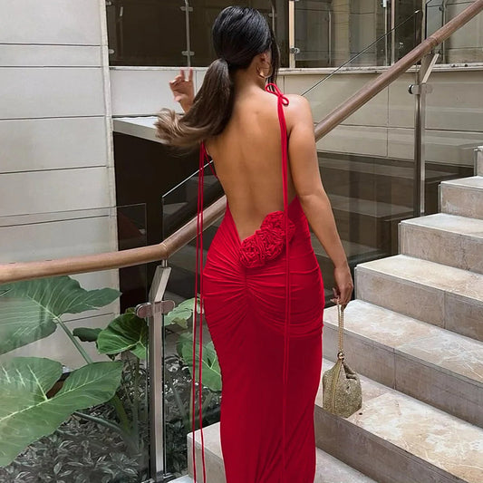 Floral-applique Backless Maxi Christmas Party Dress