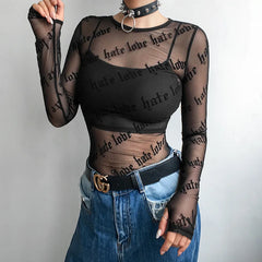 Letter Print Perspective Sheer Top