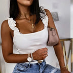 Solid Ribbed Knit Square Collar Casual Slim Cami Top