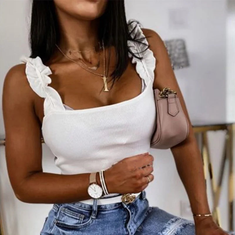 Solid Ribbed Knit Square Collar Casual Slim Cami Top Main image
