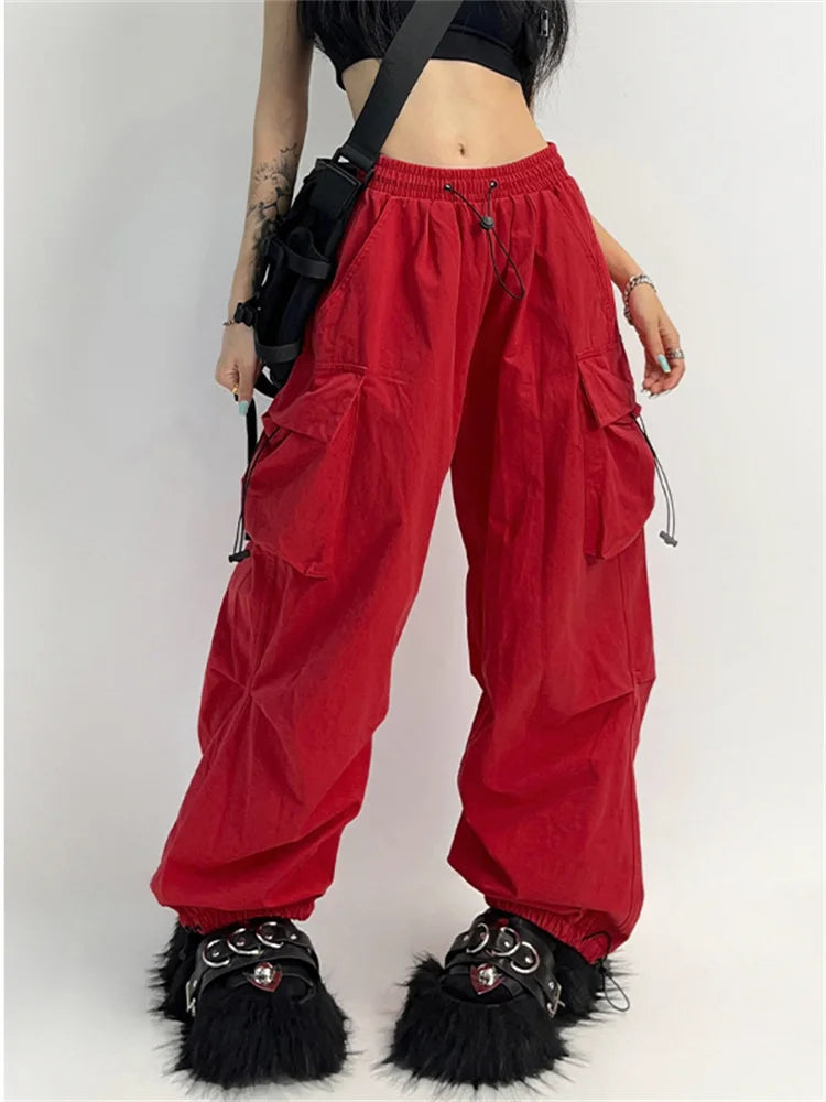 Cyber Y2K Red Parachute Hip Hop Cargo Oversized Punk Wide Leg Pant Main image