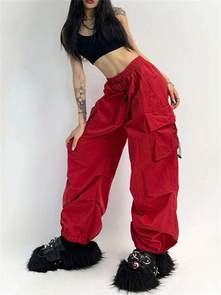 Cyber Y2K Red Parachute Hip Hop Cargo Oversized Punk Wide Leg Pant