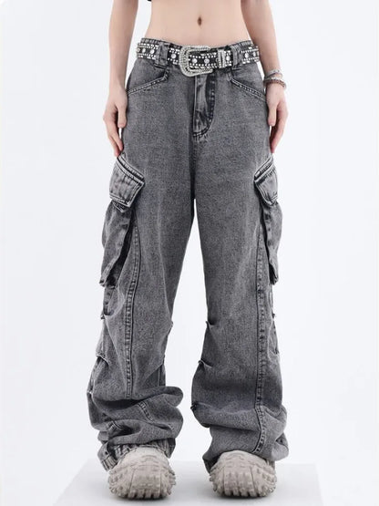 Grunge Cargo Women Wide Baggy Vintage Oversize Denim Distressed Pant