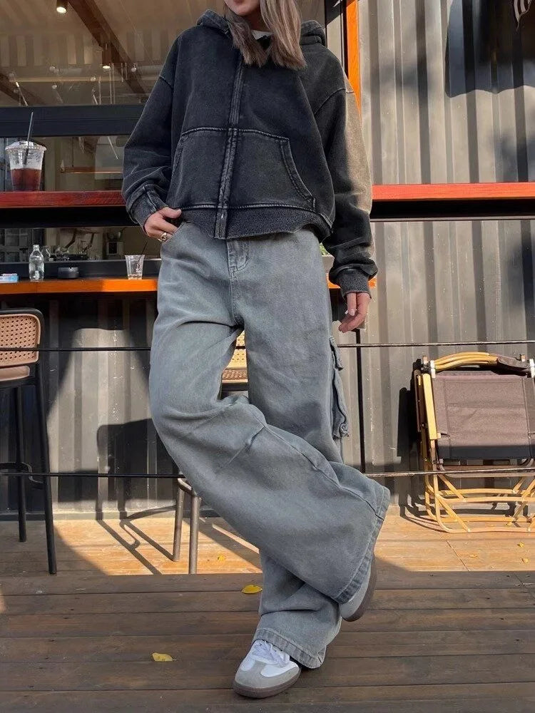 Grunge Gray Cargo Vintage Y2K Oversize Baggy Denim Wide Leg Harajuku Pant