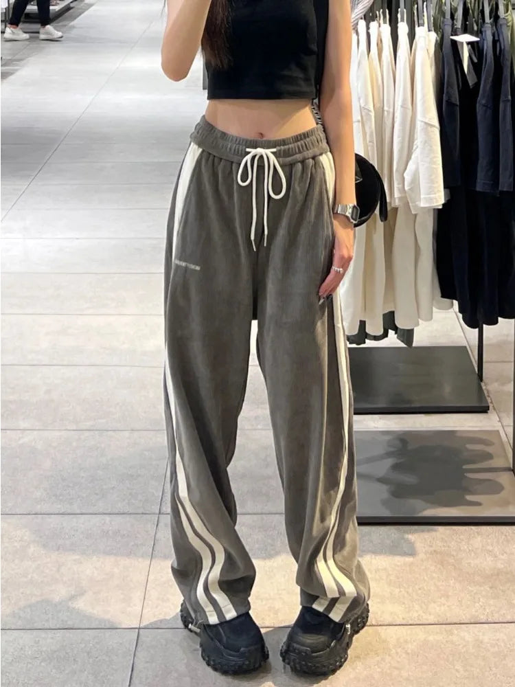 Harajuku Gray Corduroy Side Striped Baggy Jogger Wide Leg Pant Main image
