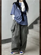 Gray Cargo Women Harajuku Grunge Baggy Japanese Style Oversize Wide Leg Pant