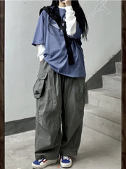 Gray Cargo Women Harajuku Grunge Baggy Japanese Style Oversize Wide Leg Pant