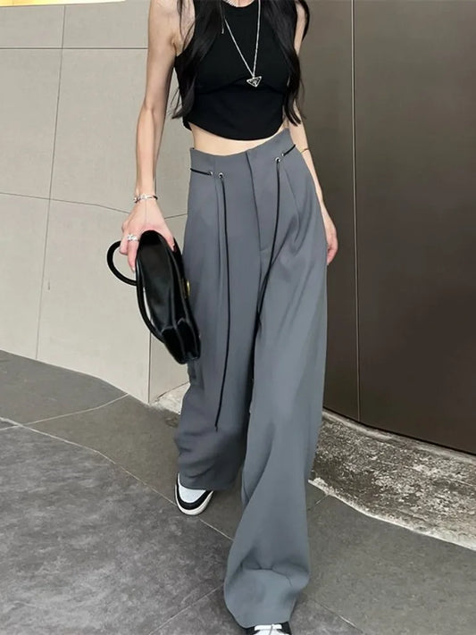 Harajuku Office Lady Basic Grey Wide Leg High Waist Chic Fashion Pant