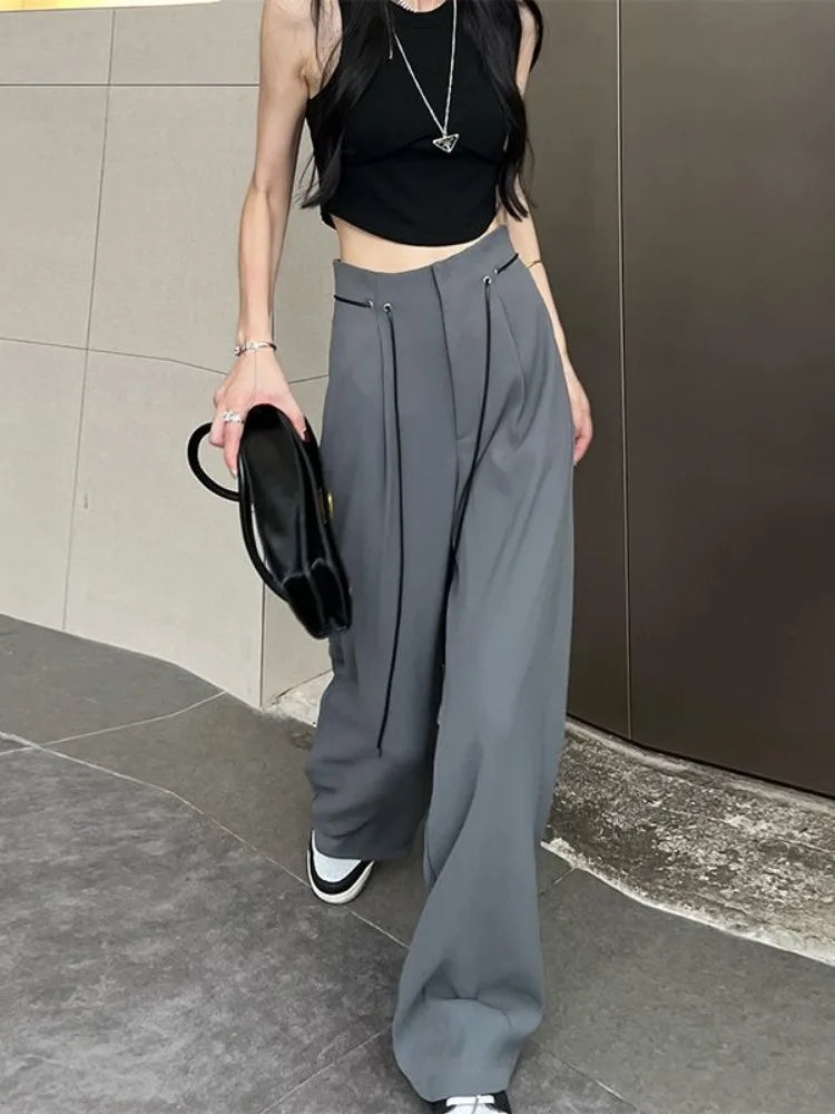 Harajuku Office Lady Basic Grey Wide Leg High Waist Chic Fashion Pant Main image