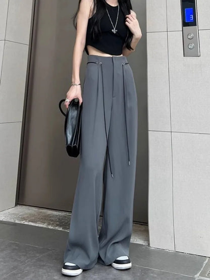 Harajuku Office Lady Basic Grey Wide Leg High Waist Chic Fashion Pant