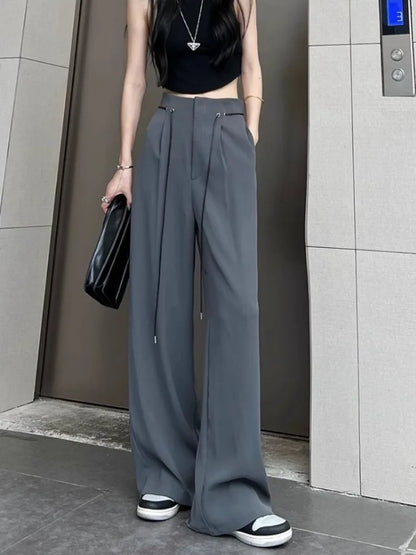 Harajuku Office Lady Basic Grey Wide Leg High Waist Chic Fashion Pant