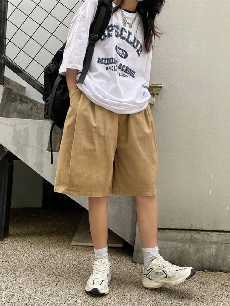 Harajuku Oversize Khaki Cargo Shorts Japanese Style Streetwear Wide Leg Black Pant Main image