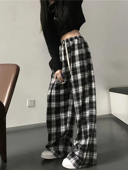 Oversize Plaid Women Korean Fashion Checked For Female Wide Leg Pant