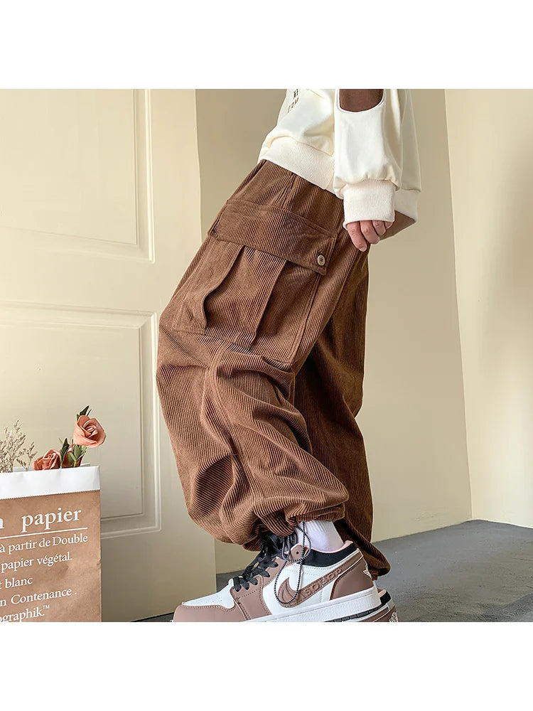 Harajuku Vintage Brown Corduroy Cargo Japanese Style Hip Hop Oversized Baggy Pant Main image